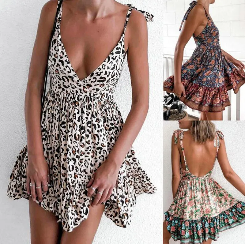 

Spring summer dress sexy suspender low cut print dress