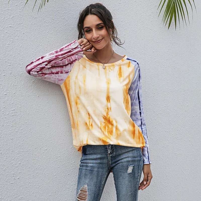 

2021 Women Cotton Casual O Neck Summer Autumn Loose T Shirt Top New Gradient Long Sleeve Pullover Top