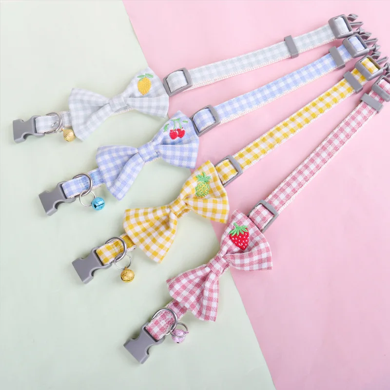 

Plaid Embroidery Dog Leash Collar Adjustable Neck Strap Cute Bell Bowtie Double Layer Dog Collars for Small Medium Pet Dog Leash