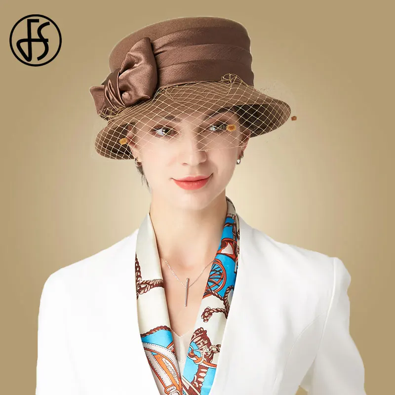 FS зимние шапки для женщин вязаные шерстяные Черные вуали шляпа котелок с