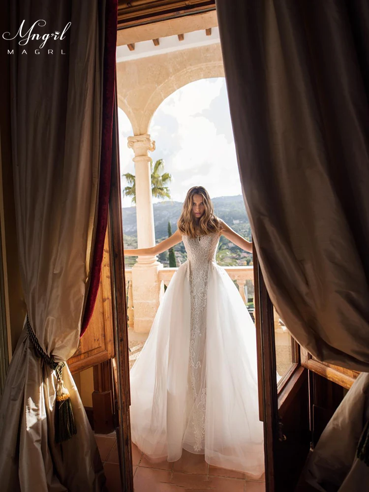 

MNGRL Luxury Retro V-neck Mermaid 3D Flower Wedding Dress White Lace Tail Bridal Dresses Backless Wedding Gown