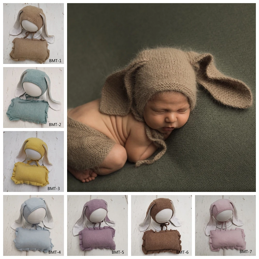 

2020 Rabbit Ears Hat + Pillow For Newborn Photography Props Baby Photo Shoot Crochet Hats Fotografia Photoshoot Cap Accessory