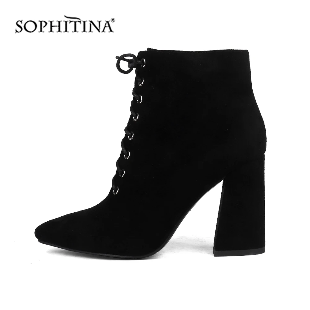 SOPHITINA/модные ботинки на шнуровке; удобная пикантная женская обувь ручной работы на молнии с острым носком на квадратном каблуке; Новые ботильоны; BY137