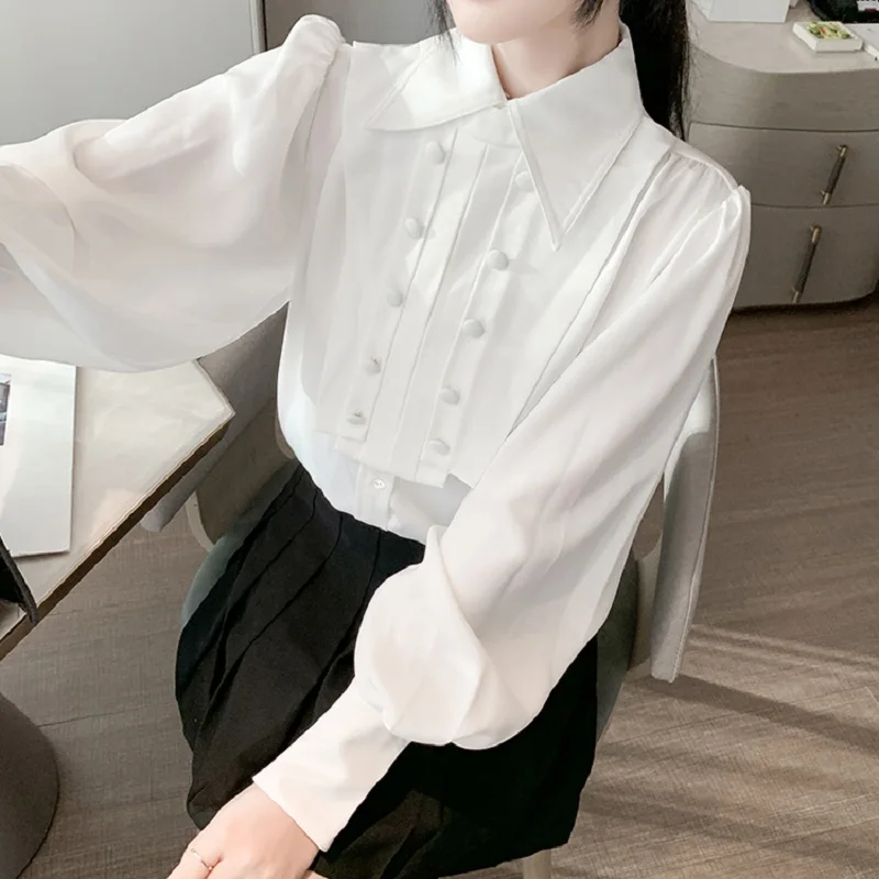

Spring 2021 Women's Shirt plus size Stacked chiffon New Lapel Long Sleeve Loose Fit Fashion Tide E238-E