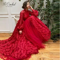 peorchid new red prom dresses long sleeves high neck elegant 2022 tulle a line women party dress for wedding evening gown
