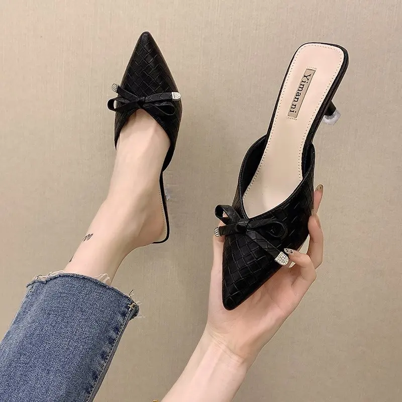 

Shoes Slippers Women Summer Pointed Toe Thin Heels Slides Med Loafers Heeled Mules Butterfly-Knot Pantofle Soft High 2021 Rubber