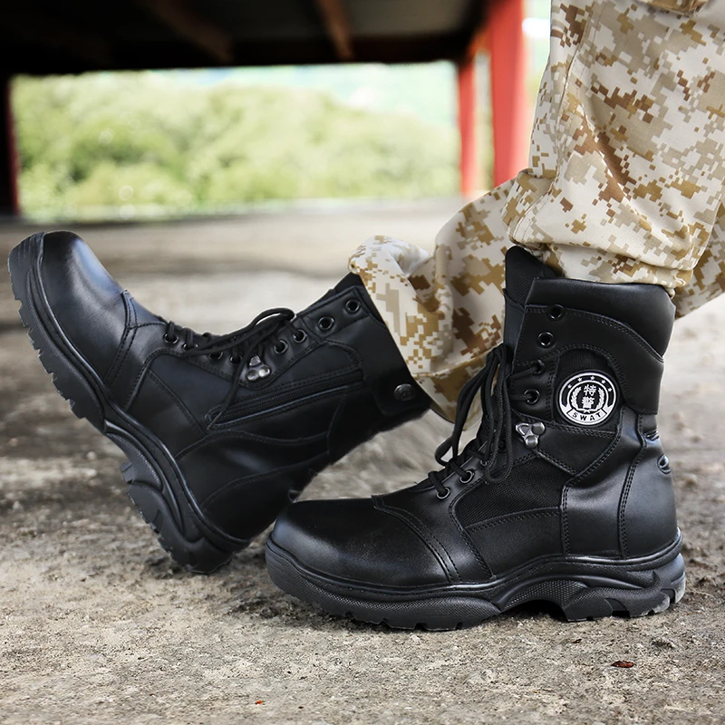 

Genuine Leather Boots Man Waterproof Trekking Hiking Shoes Military Tactical Safety Boot High Top Black Desert Jungle Shoes Boot