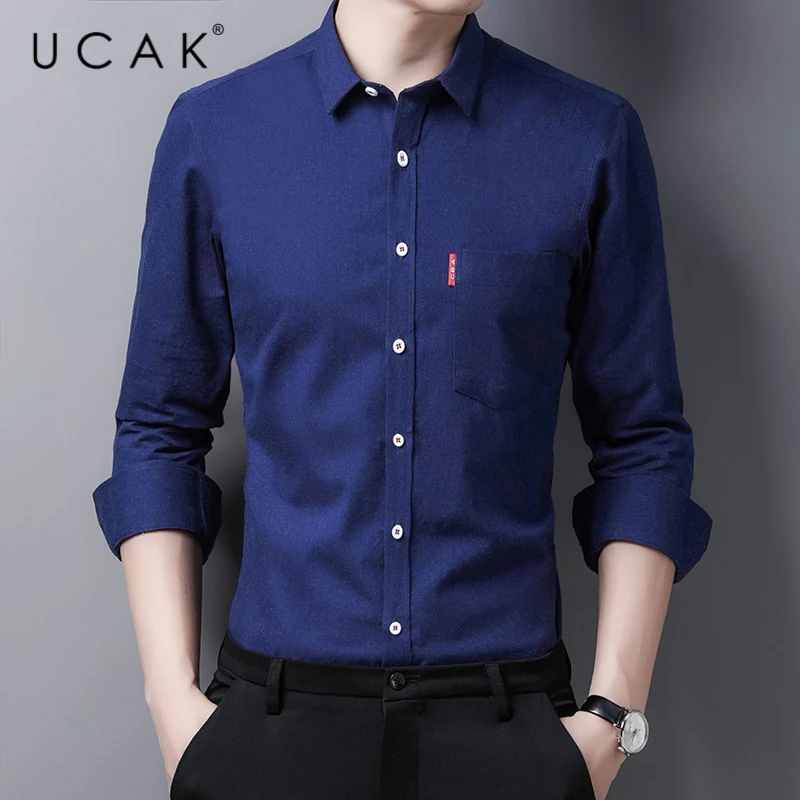 UCAK Brand Streetwear Pure Cotton Shirt Men Clothes Spring New Arrival Casual Turn-down Collar Solid Color Shirts Homme U6166