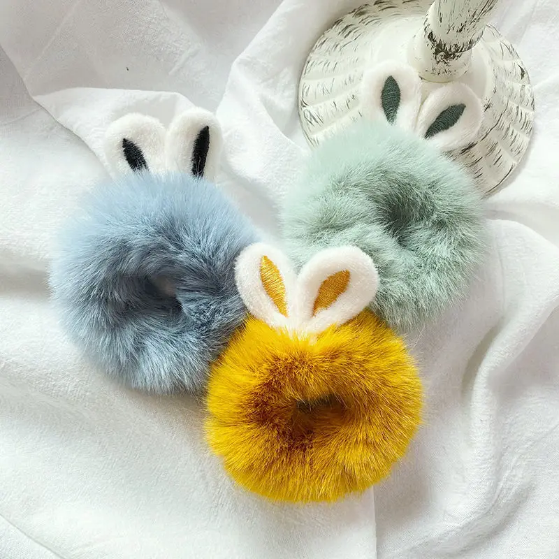 

2020 Solid Color Scrunchies Women Hairband Faux Fur Rabbit Ears Hair Rope Ponytail Holder Hair Ties Christmas Hair Accessories