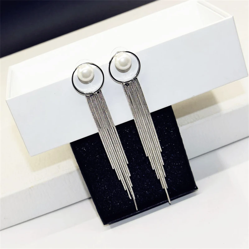 

Length 12cm Long Alloy Tassel Earring Women Handmade White Simulated Pearl Trendy Round Jewelry