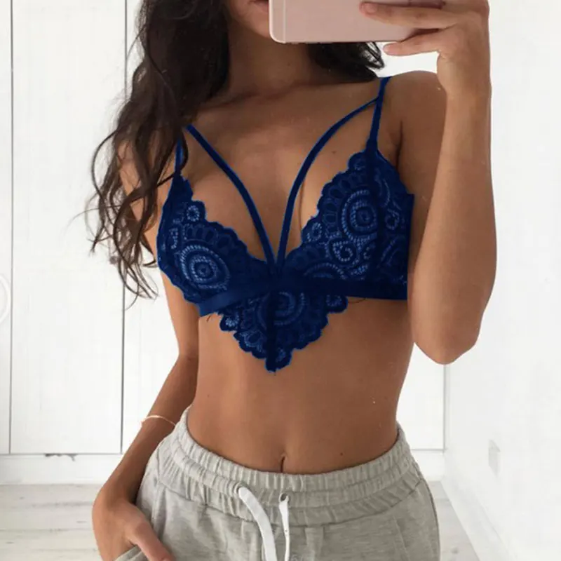 

Women's Wireless Bra Lace Lingerie Hollow Out Underwear Double Shoulder Strap Design Extra Thin Cup K2