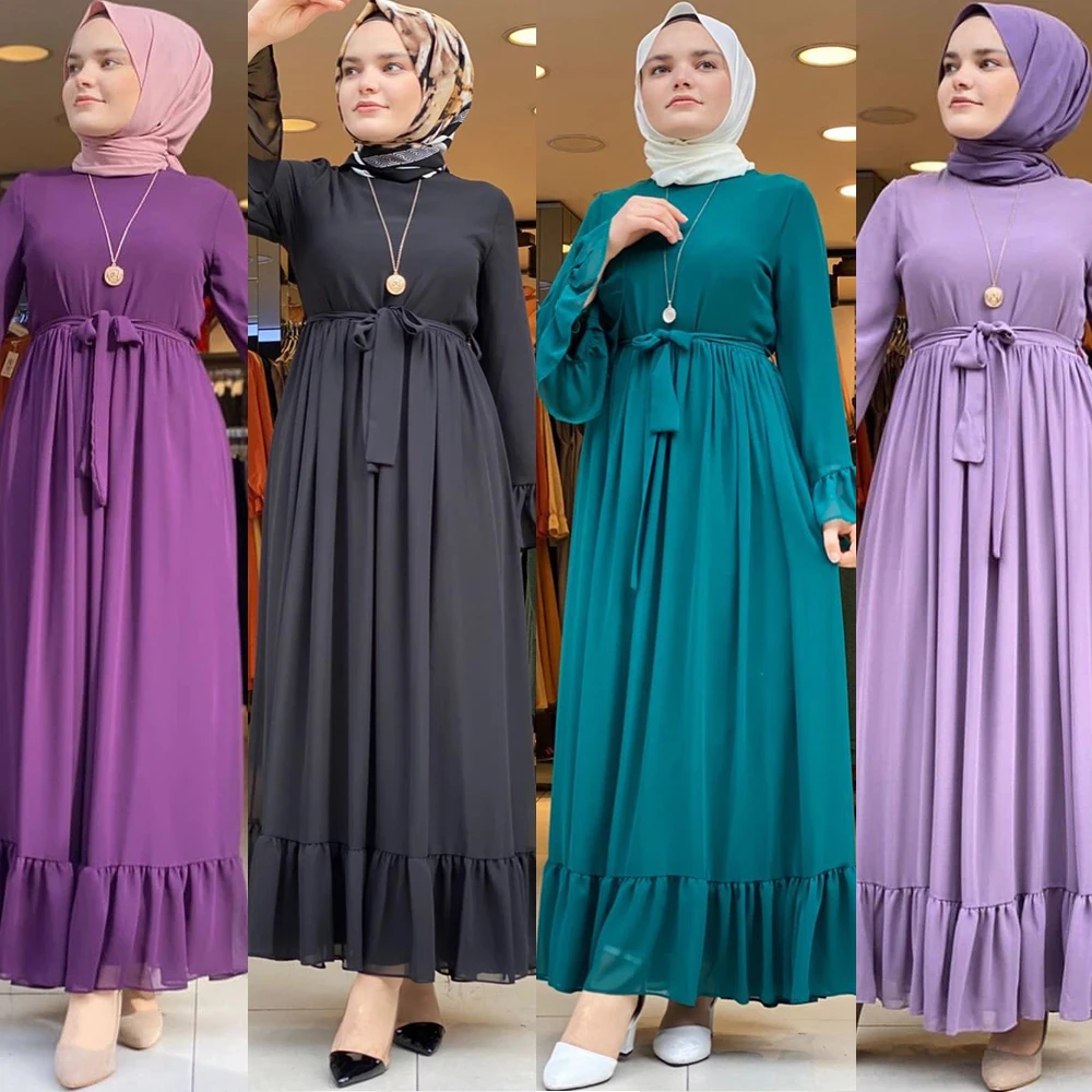 Рамадан абайя мусульманские женщины шифоновое платье с оборками кафтан джилбаб