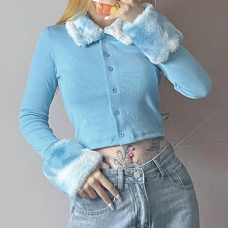 

Women's New Slim Fit Plush Lapel Long Sleeve Single Breasted Cardigan Knitted Jacket in Autumn and Winter 2021