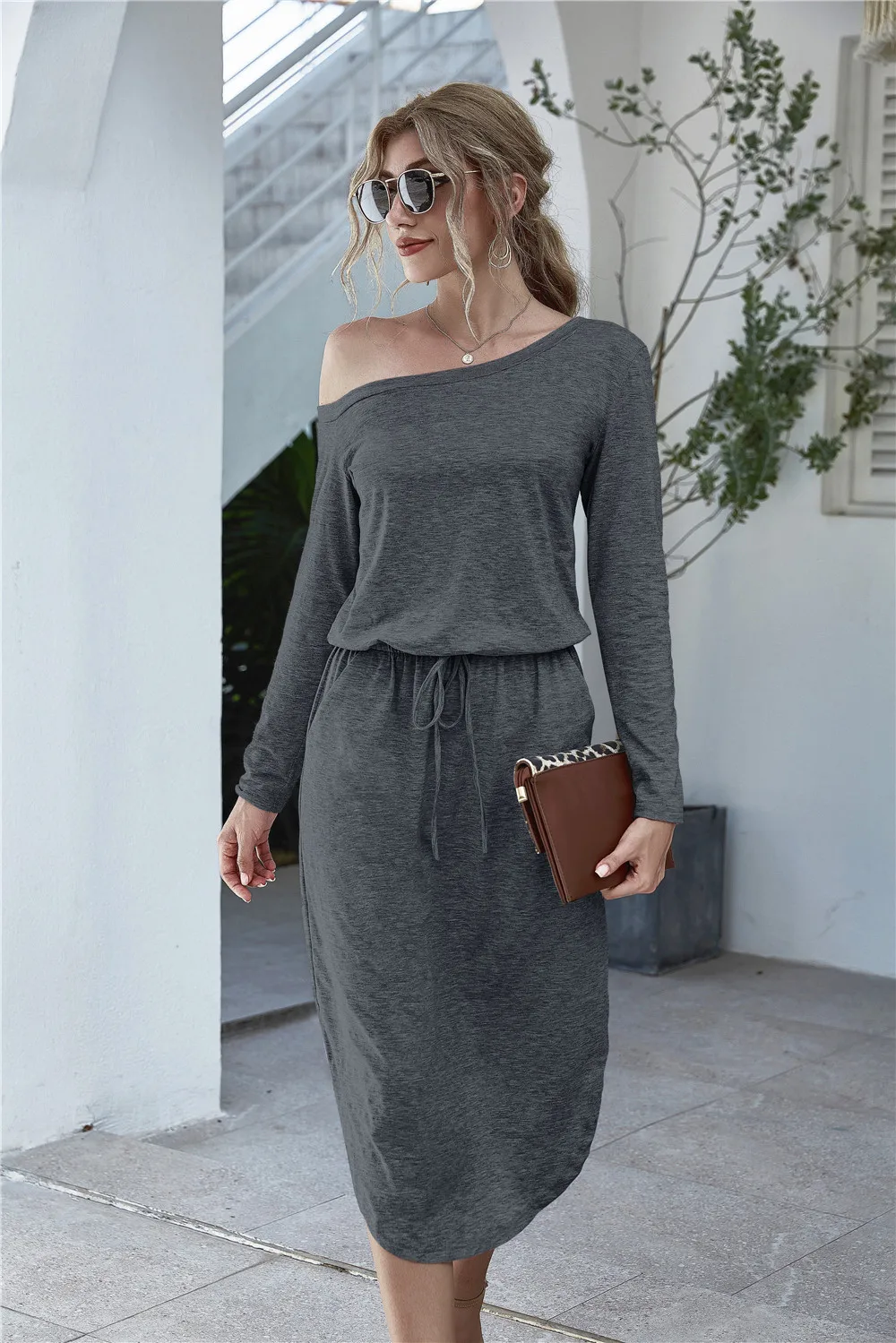 

Fashion Off Shoulder Side Splited Solid Long Dress Women 2020 Autumn New Long Sleeve Maxi Dress Slim Elegant Vestidos Robe Femme