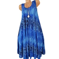 50 hot sales women summer floral print round neck sleeveless loose pleated plus tanked dress