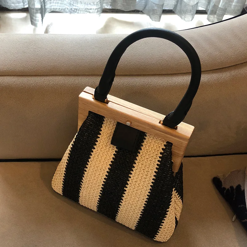 

Bags New Women's Bags Summer Fashion Retro Straw Woven Bag Shoulder Messenger Bag Large Capacity Wooden Clip Leopard Fur Handbag
