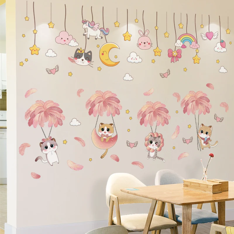 

[shijuekongjian] Cats Feathers Wall Stickers DIY Cartoon Stars Wall Decals for Kids Room Baby Bedroom Nursery House Decoration