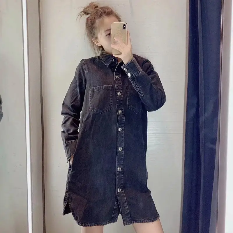 Модное женское черное джинсовое короткое платье с отложным воротником