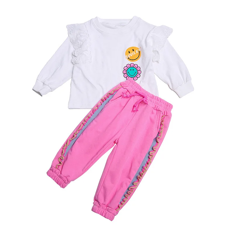 

2021children's Spring New Lace Smiley Suit Baby Girl Fashion Two-Piece Suit Children's Clothing Fashion