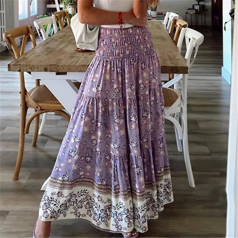 

Bohemian Women Summer Skirt Casual Shrinkage Elastic High Waist Print Holiday Long Skirt Vintage Floral A-line Maxi Skirt Female