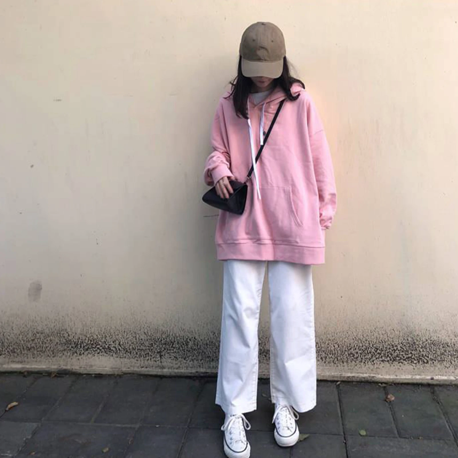 Pink White Hooded Sweats Long Sleeve Autumn Warm Mid-length Hoodie Women's Clothing Teens Girls Loose Hoodies Women Sweatshirts