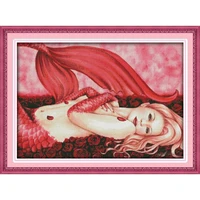 joy sunday red mermaid cross stitch embroidery needlework kits stamped decor counted thread 11ct 14ct printed fabric canvas sets