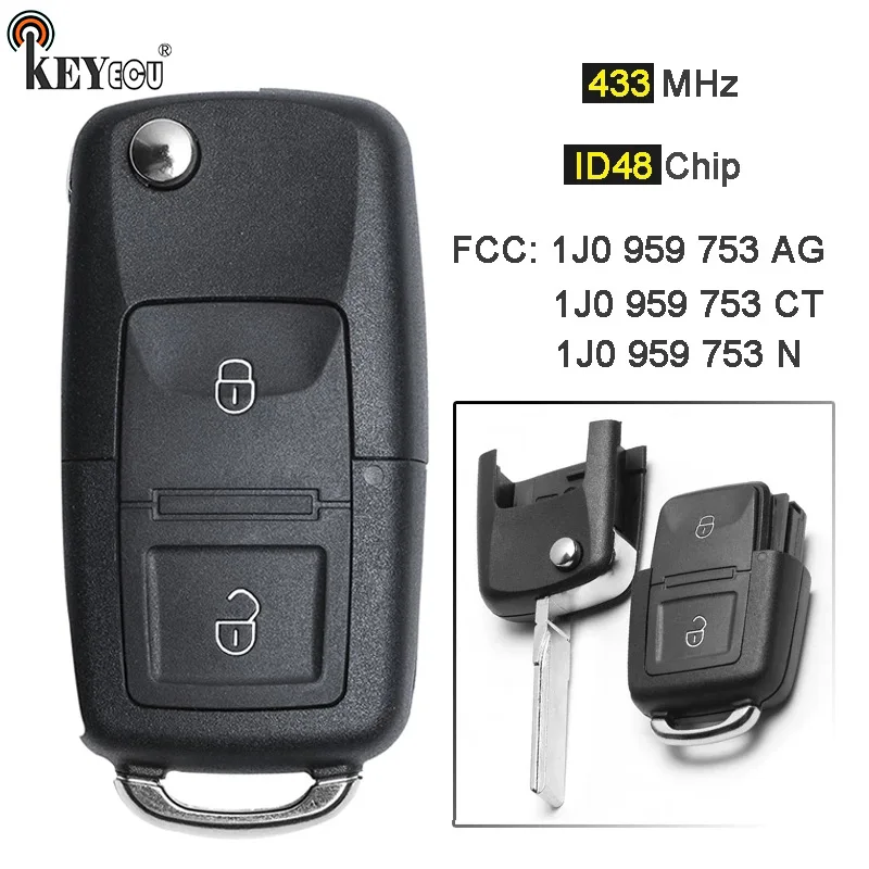 

KEYECU 434MHz ID48 Chip 1J0 959 753 AG/ CT / N 2 Button Remote Key Fob for Volkswagen Golf Bora Polo Passat Seat Leon 1999-10