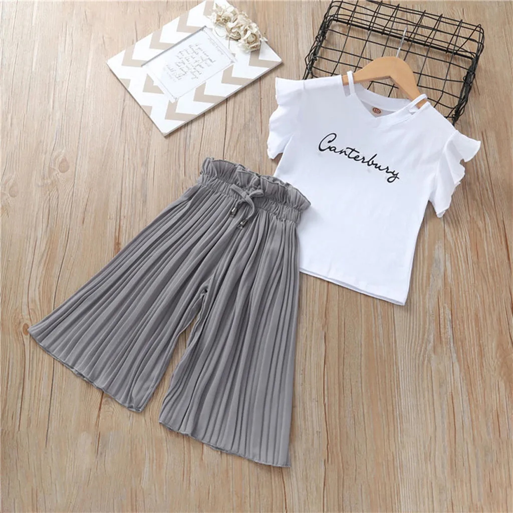 

2021 Summer Children Kids Baby Girls clothing sets Letter T Shirt Tops+Ruffle Loose Pants Outfits Costume Kids clothes girls