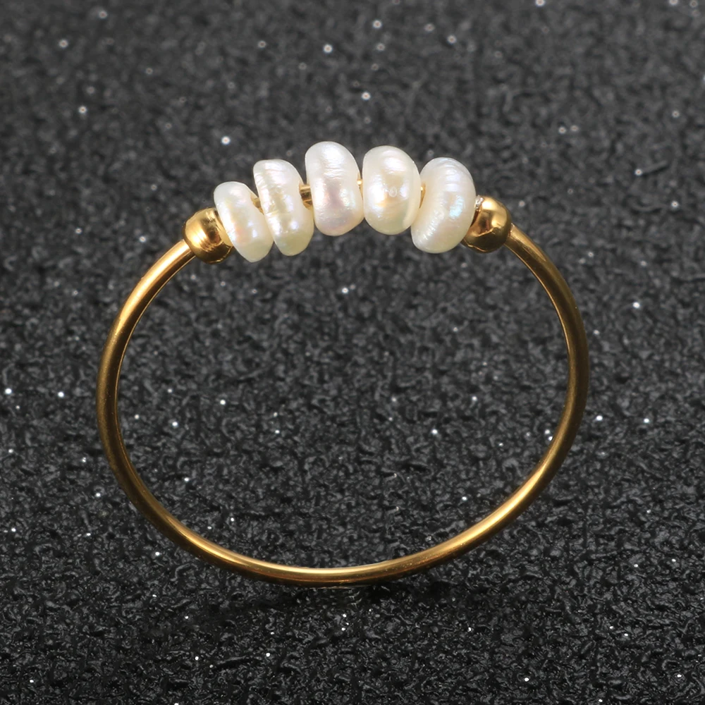 

Trendy Natural Freshwater Pearl Irregular Combination Thin Rings For Women Girls Lover Stainless Steel Golden Ring Jewelry Gift