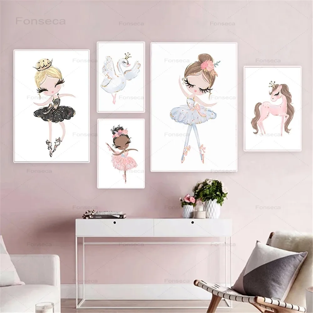 

Настенная картина для детской комнаты, Постер в скандинавском стиле с изображением балерины, принцессы, единорога, лебедя, украшение для де...