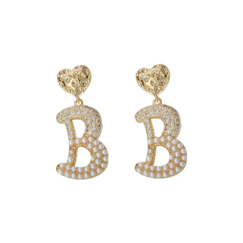 

925 Silver Needle Korean Fashion Inlaid Diamond Pearl Letter B Earrings Fashion Net 2021 New Popular Earrings Female Wholesale