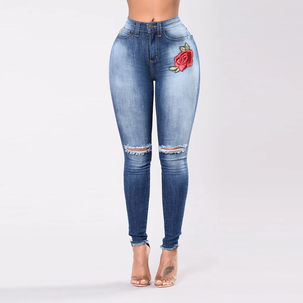 Модные рваные джинсы с вышивкой эластичные карандаш Стрейчевые джинсовые брюки