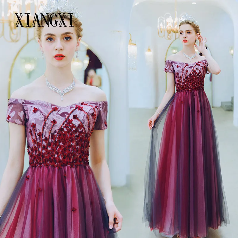 

Burgundy Evening Dress A-Line Off The Shoulder 3D Flower Evening Dresses Long 2020 Prom Dress Party Dresses Robe de soiree