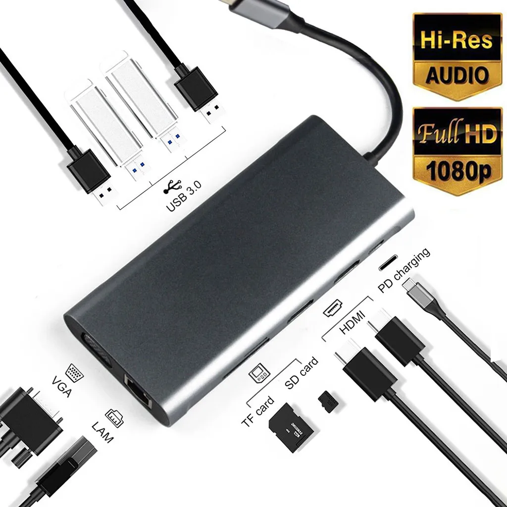 Тип C в двойной HDMI + RJ45 VGA 2 Hdmi Pd Sd Tf Аудио USB3.0 с адаптером питания для ПК 10 |
