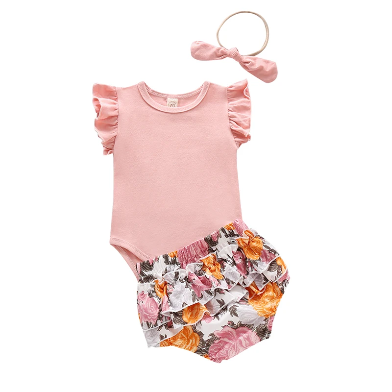 

Summer Newborn Baby Girl Infant Clothes Romper Tops Flower Print Pants Headband Bodysuit Toddler Kids Outfits 3Pcs Set
