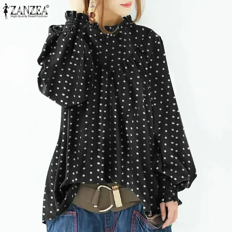 

Women Vintage Printed Polka Dots Beach Shirts 2022 ZANZEA Vintage Puff Sleeve Casual Tops Holiday Blouse Blusas Feminina Chemise