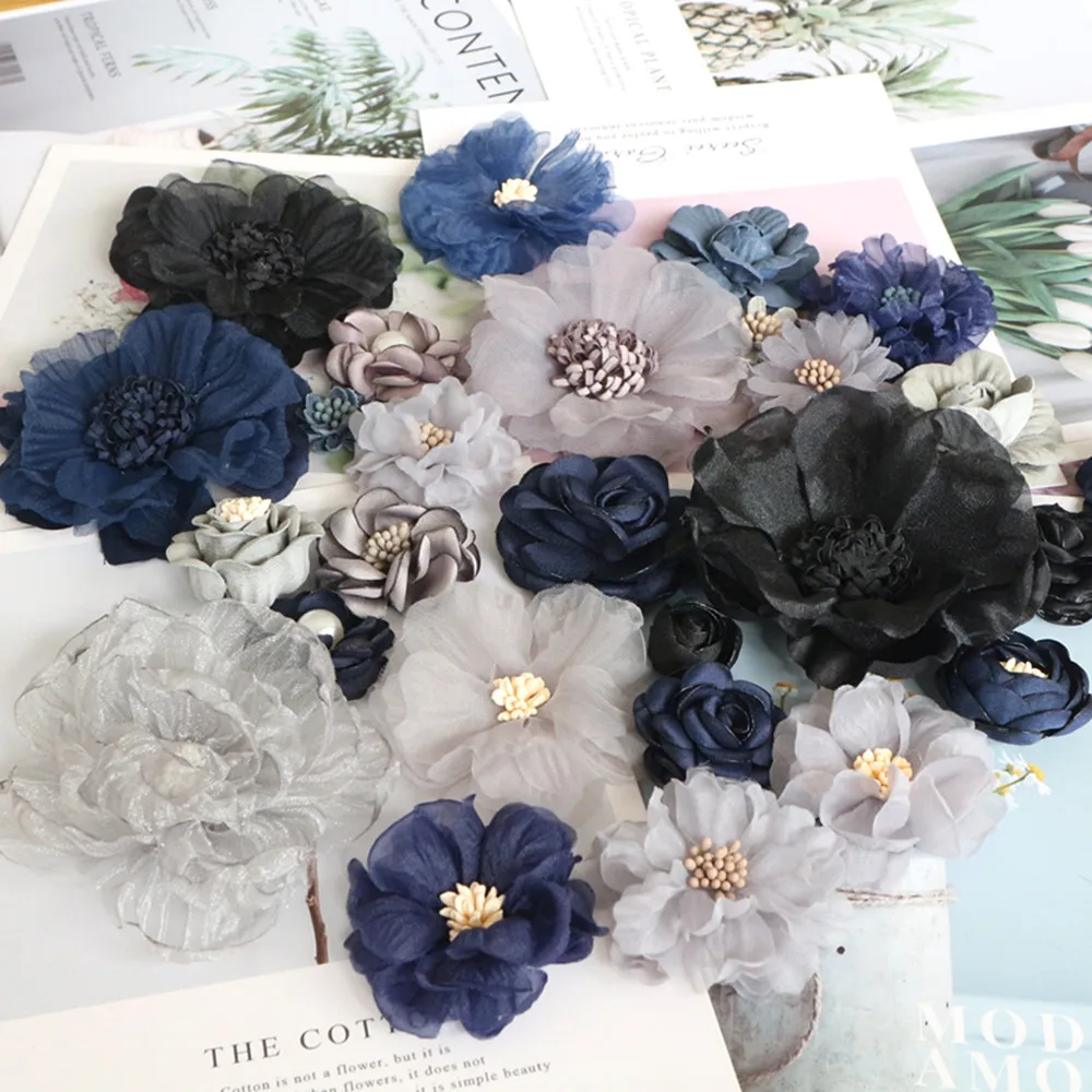 10 шт./лот серия серый черный Камелия Роза шифоновая ткань цветок для свадебного