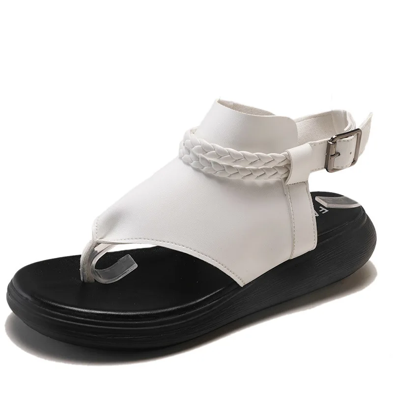 

2021Summer Women Sandals Women Genuine Leather New Thick Bottom Clip Toe Sandals Ladies Roman Shoes Black