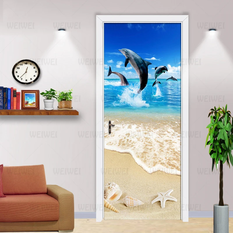 

3D Photo Wallpaper Sandy Beach Shell Starfish Dolphin Poster Wall Mural DIY Self-adhesive Door Sticker Living Room Children Room