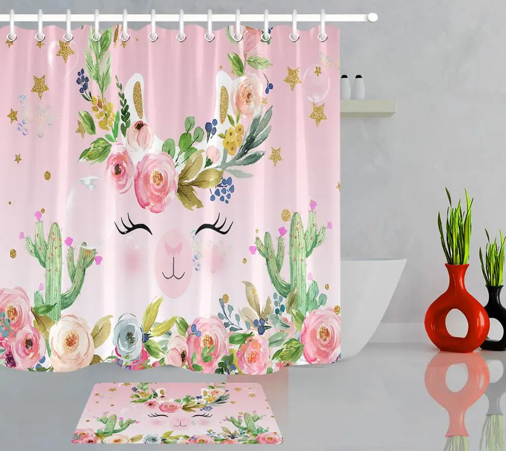 

Занавеска для ванной из ткани с милым принтом Животных Альпака, водонепроницаемая Штора для душа с акварелью, КАКТУСОМ, цветком, устойчивая ...