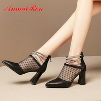 anmairon pointed toe casual zip luxury shoes women pu basic square heel genuine leather springautumn fashion women heels