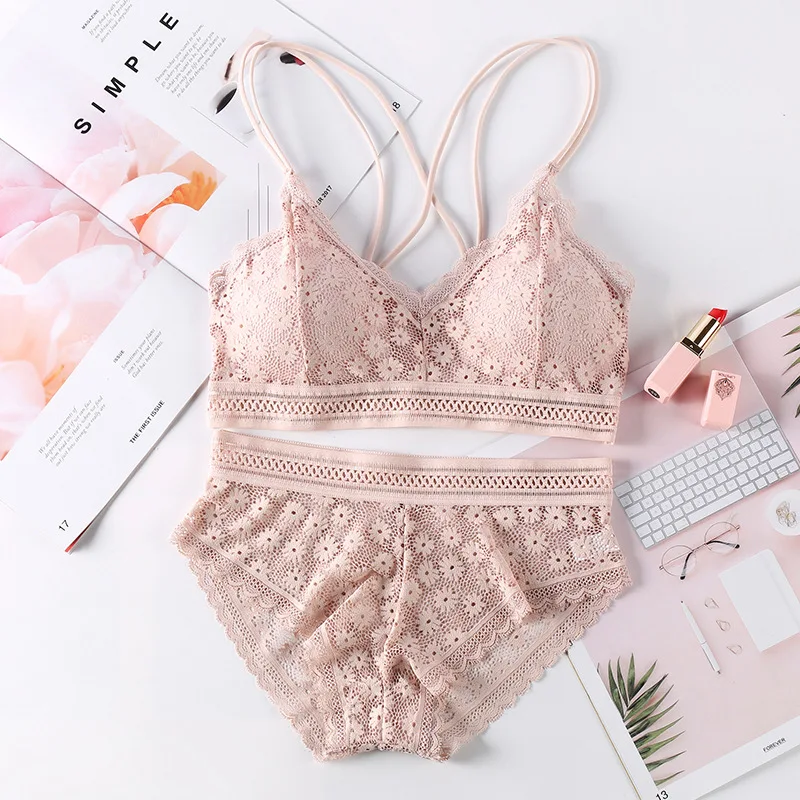 

Sexy Underwear set Lace Bra Sets Women Lingerie Seamless Bralette Top Thin Panties Padded Backless Wirefree Female Intimates #F