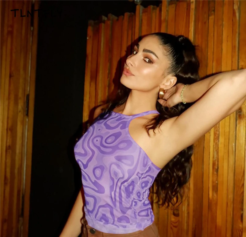 

Corset Crop Top Summer Tank Tops Woman 2021 Sexy Backless Camisole Thin Section Halter Fluorescent Color Printing Streetwear