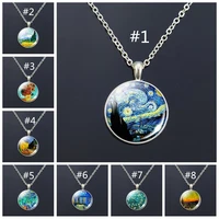 silvercolour art van gogh starry night painting necklace sunflower tibet glass cabochon long necklace for women vintage jewelry