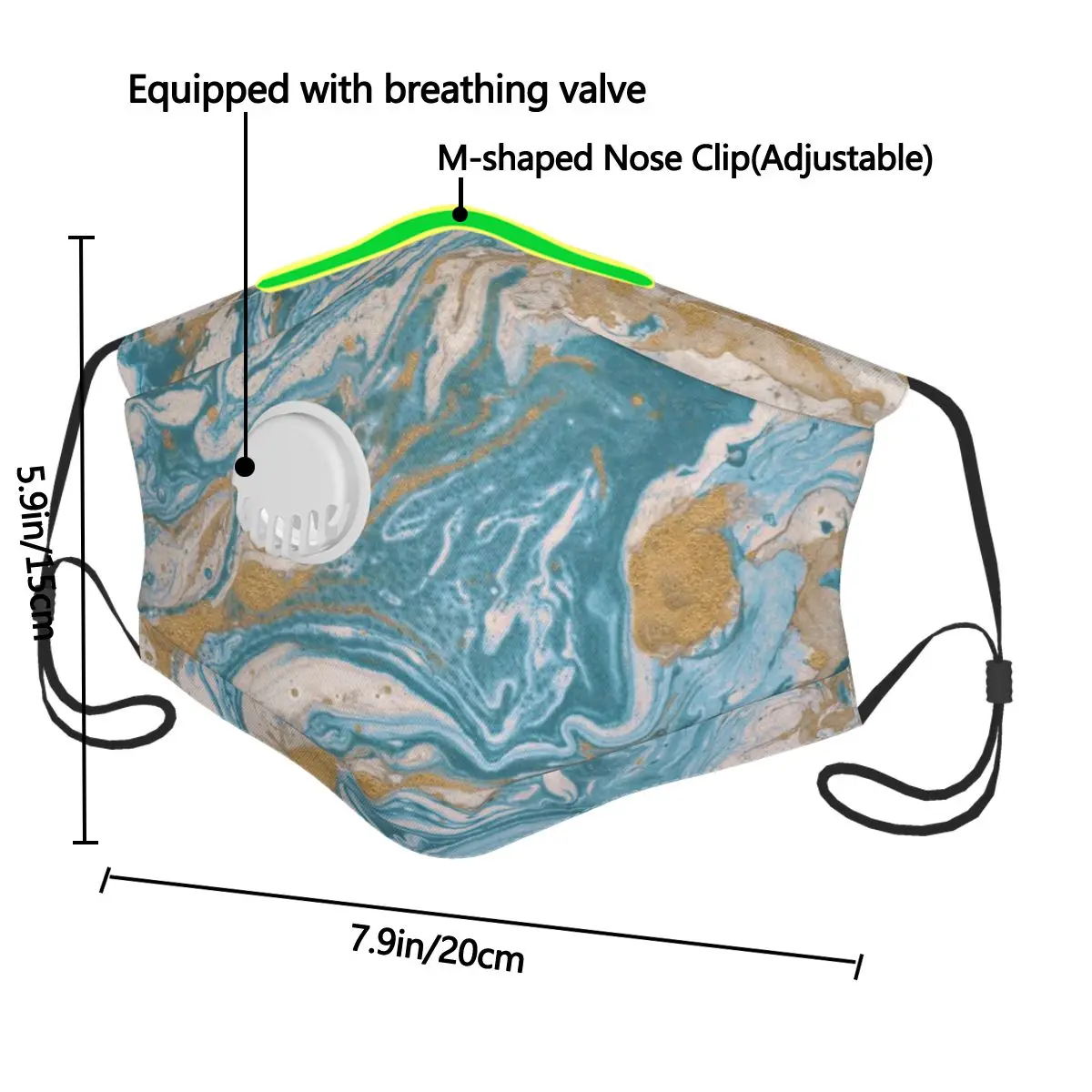 

Gold Blue Marble Texture Mask with Breathing Hole and Filter Reusable Dustproof Mask Windproof