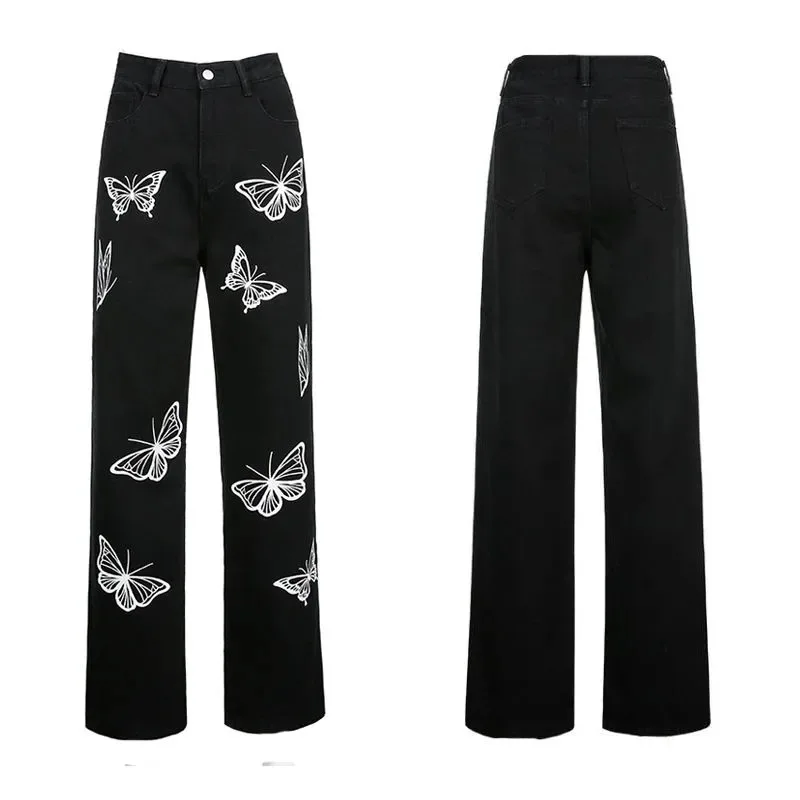 

High Waist Pants High Street Jeans 2021 Women's Fashion Butterfly Print Casual Trousers Ladies Black High Street Denim Pant