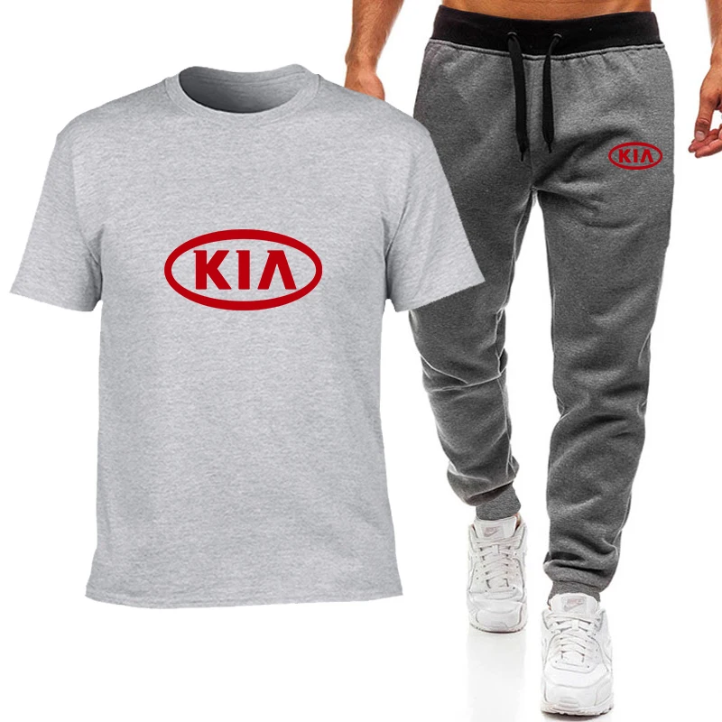 

2021 popular new KIA car logo printed pure cotton men's T-shirt + Sports length pants Set high quality Tshirt sport running