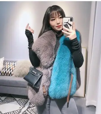 

Новое поступление, жилет из натурального меха размера плюс, контрастный цвет, Модный женский жилет с натуральным мехом лисы