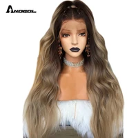 anogol dark roots ombre blonde long body wave 24 heat resistant hair wig synthetic lace part wigs for black women