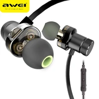 awei t13 dual driver wireless bluetooth earphone sport headphones with microphone earbuds stereo sound headset for iphone phones